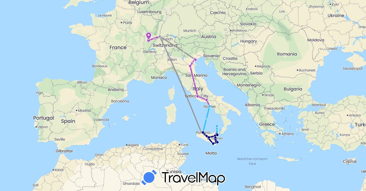 TravelMap itinerary: driving, plane, train, boat in France, Italy (Europe)